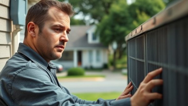 Technician examining HVAC units in a Kirkwood neighborhood.