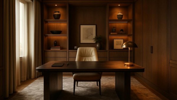 Elegant custom home office design with modern decor and luxury lighting.