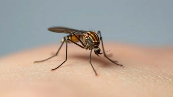 Macro image of a mosquito on skin related to predictive urine test for severe dengue.