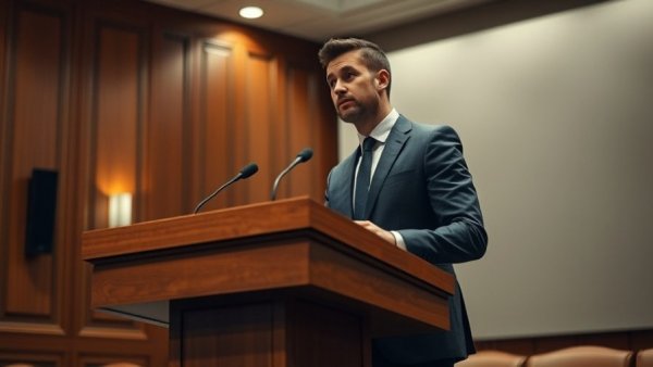 Sophisticated man discussing at podium, highlighting his wealth.