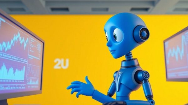 Futuristic robot examining digital financial graphs, financial risk management.