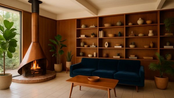 Mid-century modern living room in Houston with copper fireplace.