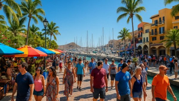 Lively Cabo Marina with crowds on a sunny boardwalk.
