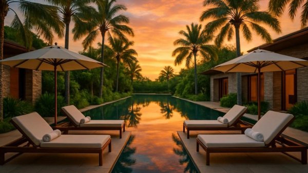 Luxurious spa pool area in Cabo with loungers and palm trees at sunset.