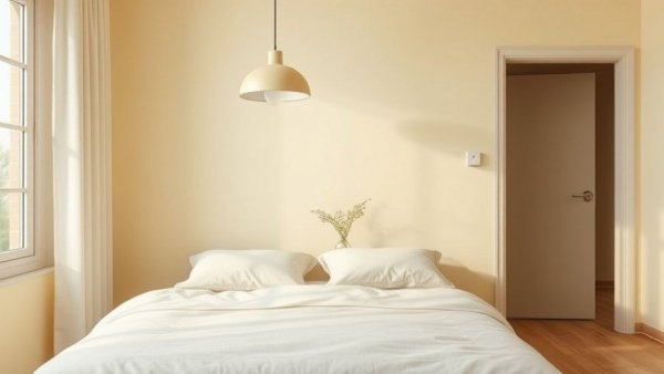 Minimalistic bedroom featuring pale yellow home decor.