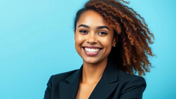 Confident young woman smiling in a black blazer on a blue background, concept of health and lifestyle.