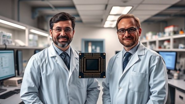Scientists with biochip device in laboratory for genetic testing.