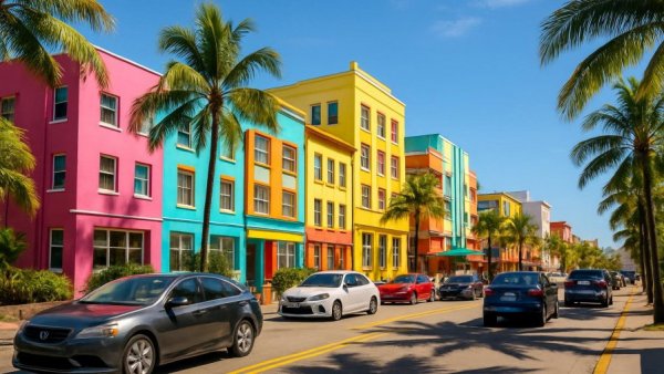 Traffic scene in Los Cabos with cars and colorful buildings