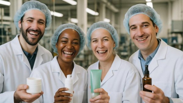 Factory workers holding toxin-free baby care products in bright facility