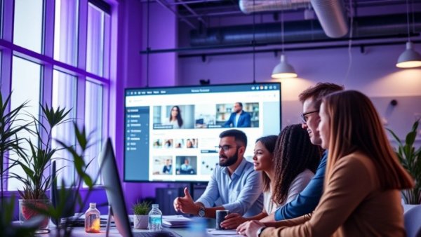Team discussing web design project in a modern office setting.
