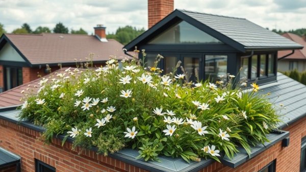 Suburban house with wildflower rooftop garden under a clear sky.