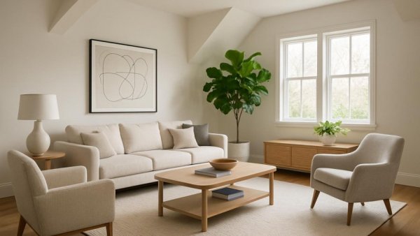 Modern transitional home design living room with neutral decor.