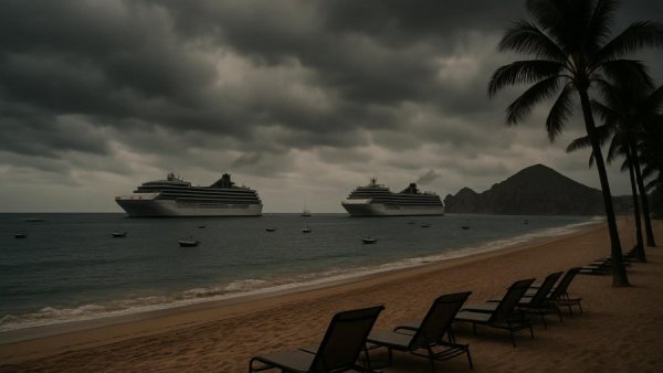 Cloudy Los Cabos beach scene during hurricane season, with cruise ships.