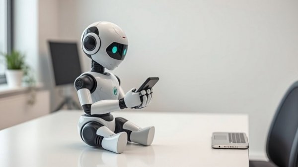 Humanoid robot using a smartphone on a white desk, showcasing AI technology, Role of AI in Sports.