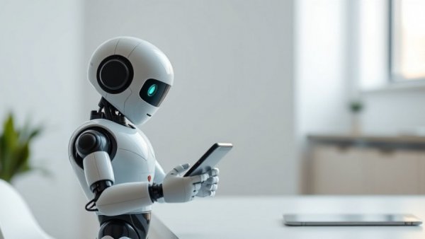 AI's Role in Sports: robot analyzing data on smartphone in office.