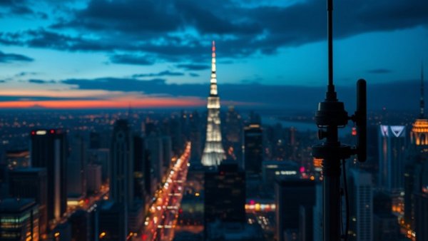 Silhouetted TV antenna against a cityscape at dusk, best TV antenna for 2026.