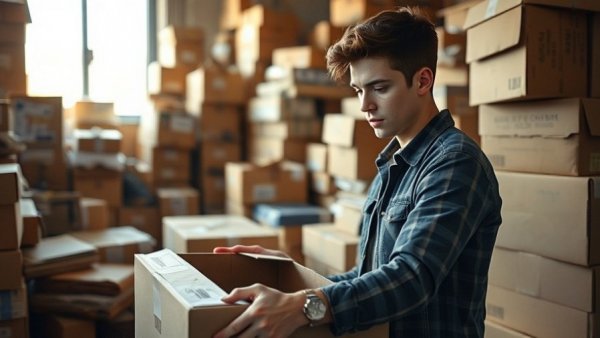 Solopreneurship: Young man packing boxes in home office.