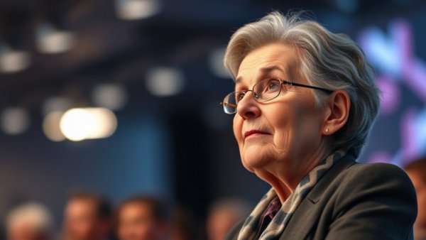 Esteemed speaker at tech conference, highlighted by lighting.