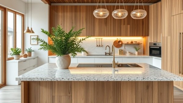 Modern kitchen with terrazzo made from wood waste, green plant, and warm lighting.