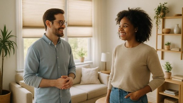 Room with top-down bottom-up shades, people conversing, cozy atmosphere.