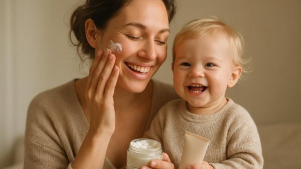 Happy mother and toddler with skincare, India's safest science-backed skincare for moms and babies.