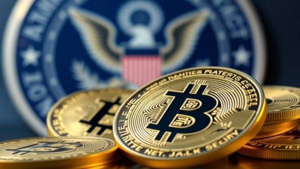 Bitmain crypto mining national security concerns symbolized by Bitcoin coins and emblem.
