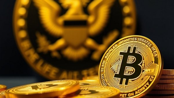 Bitcoins against a blurred governmental emblem, national security risks.