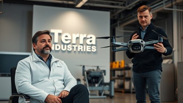 Nigerian men at Terra Industries with drone and office backdrop.