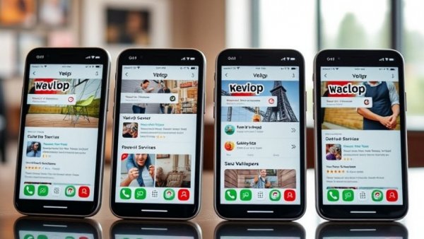 Four smartphone screens with Yelp app interface for wallpaper services.