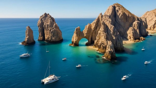 Iconic rock formations and boats at Los Cabos travel destination.