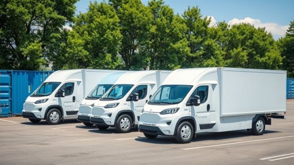 Futuristic electric heavy-duty trucks in outdoor lot.