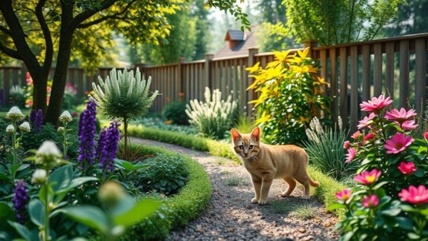 Cat exploring lush garden showcasing chaos gardening benefits.