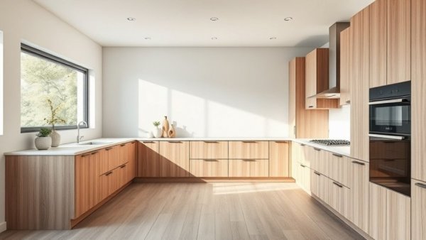 Modern kitchen layout with wooden cabinets, potential design mistakes.