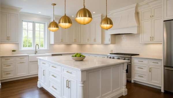 Luxurious new country transitional kitchen with white elegance.