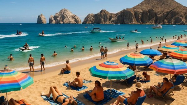 Los Cabos beaches popularity with bustling beach scene and boats