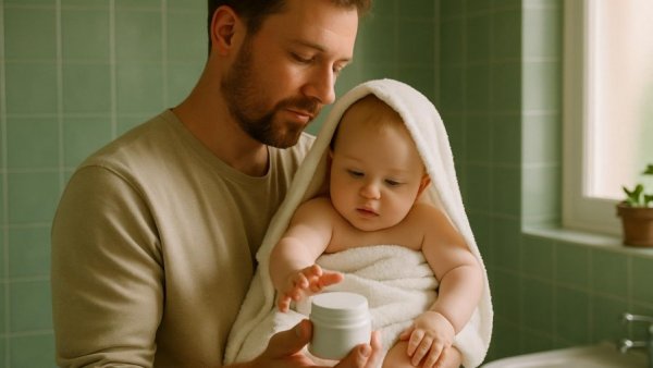 Parent using baby skin-care products in bathroom.
