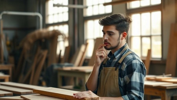 Health-conscious craftsman thoughtfully assessing wooden materials