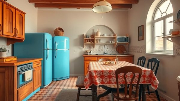Warm vintage kitchen remodel with wooden cabinets and blue fridge.