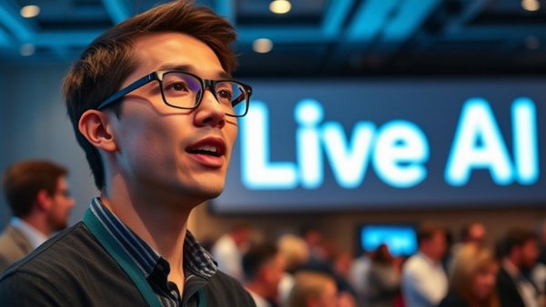 Young man speaking at AI event with 'Live AI' logo, highlighting AI spending cuts in big tech.