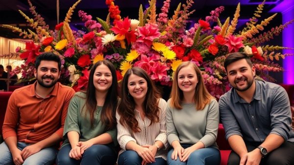 Business growth capital concept with three happy individuals and vibrant flowers.