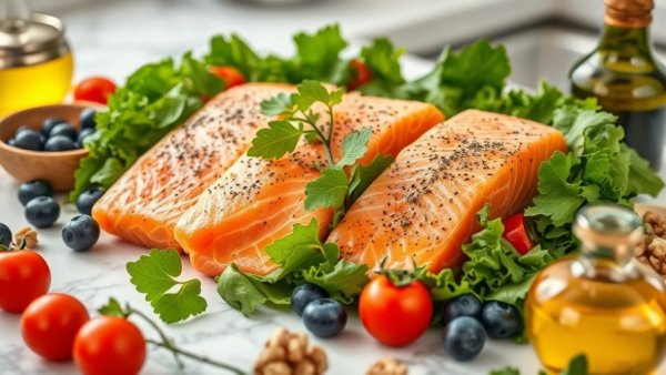 Mediterranean diet ingredients including salmon, tomatoes, kale, and blueberries.