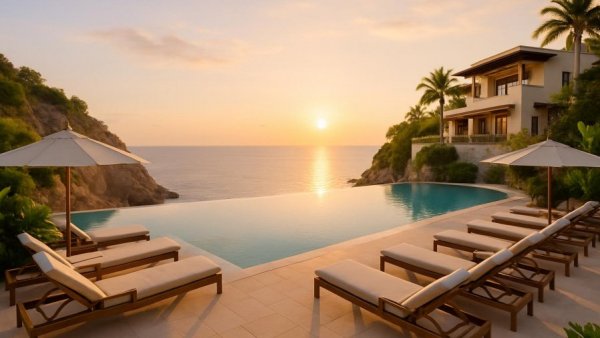 Luxurious Cabo resort with infinity pool at sunset.