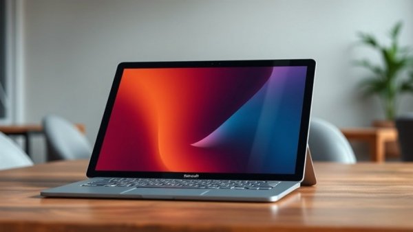 Microsoft Surface Pro tablet with vivid display, on a wooden table.
