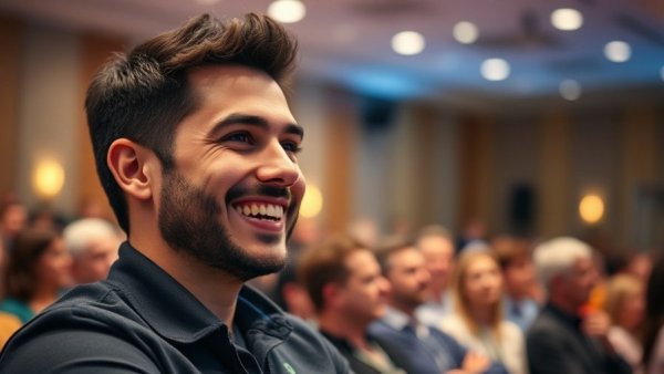Man enjoying a seminar indoors, smiling and engaged.