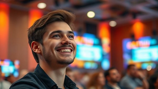 Engaged young man at tech conference, AI Integration in Engineering.