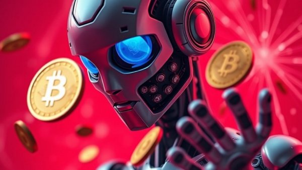 AI robot with crypto coins on red background representing crypto VC fundraising.