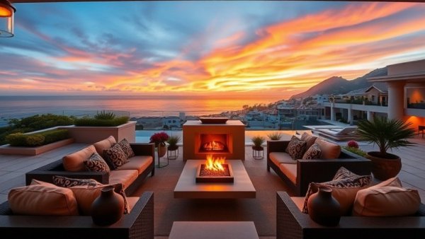 Luxurious outdoor living space in Cabo San Lucas during sunset.