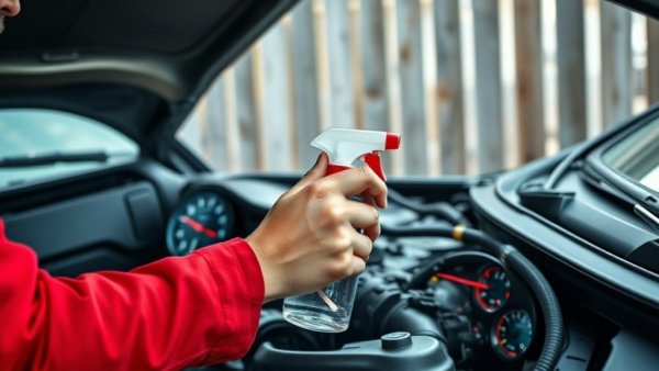 Checking for leak in car's A/C with spray bottle under hood.