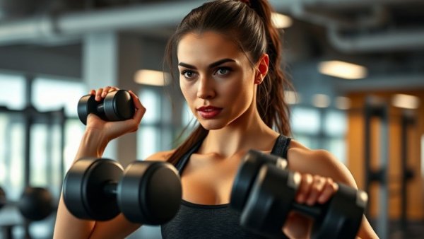 Focused athletic woman lifting weights in a gym for brain health benefits.