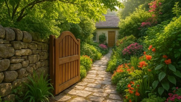 Inviting garden path with wooden gate in Houston.